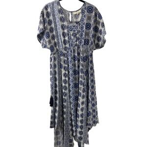 Alchemy Thread Blue‎ White Geometric Print Midi Dress Tassel Tie Keyhole Neck M